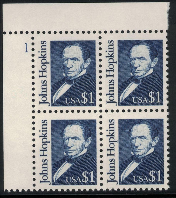 1989 Johns Hopkins Plate Block Of 4 $1 Postage Stamps - Sc 2194 - MNH -DS110a