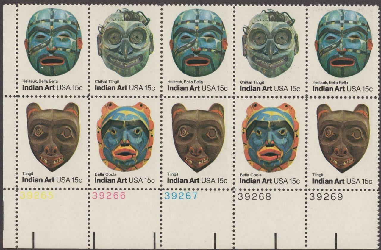 1980 Indian Art Masks Plate Block Of 10 15c Postage Stamps - Scott 1834-1837 - CT38b
