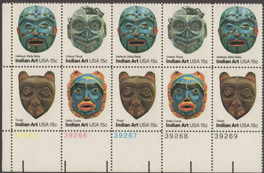 1980 Indian Art Masks Plate Block Of 10 15c Postage Stamps - Scott 1834-1837 - CT38b