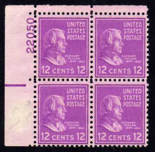 1938 President Zachary Taylor Plate Block of 4 12c Postage Stamps -  Sc# 817- MNH,OG