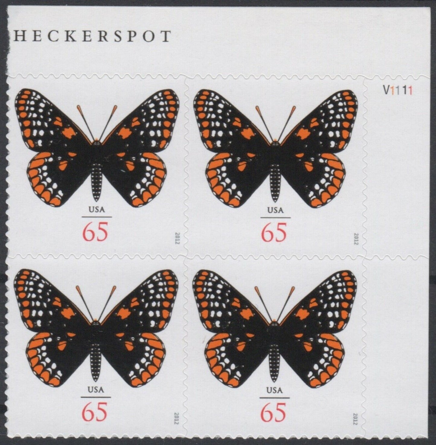 2012 Baltimore Checkerspot Butterfly Plate Block of 4 65c Postage Stamps - MNH, OG - Scott 4603