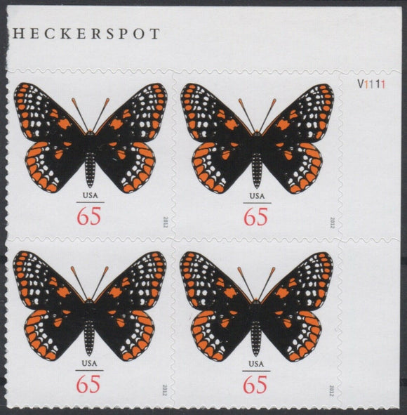 2012 Baltimore Checkerspot Butterfly Plate Block of 4 65c Postage Stamps - MNH, OG - Sc# 4603