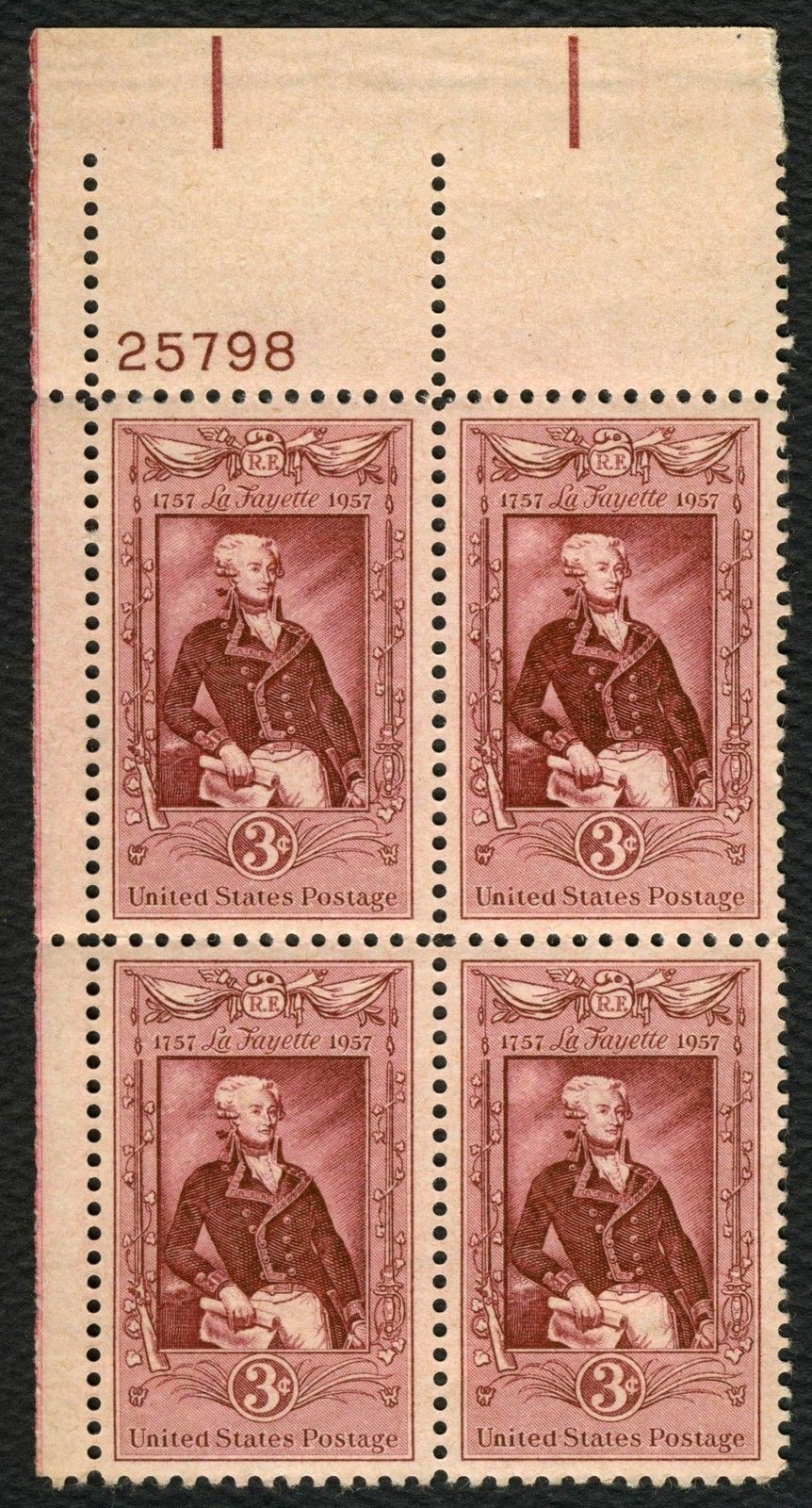 1957 LaFayette Bicentennial Plate Block of 4 Postage Stamps - MNH, OG - Scott 1097