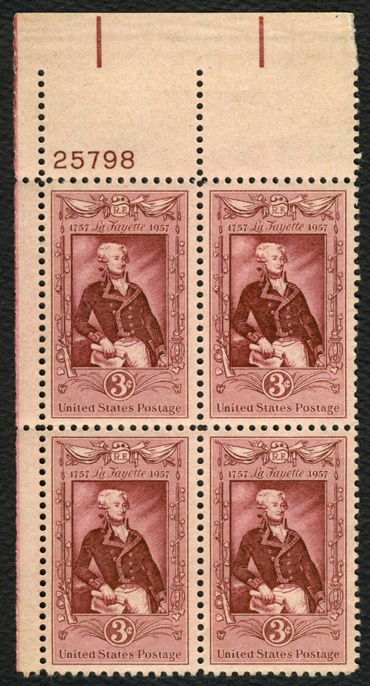 1957 LaFayette Bicentennial Plate Block of 4 Postage Stamps - MNH, OG - Scott 1097