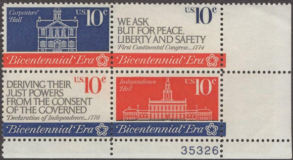1974 Revolution Bicentennial Plate Block Of 4 10c Postage Stamps - Sc# 1543-1546 - CW9a