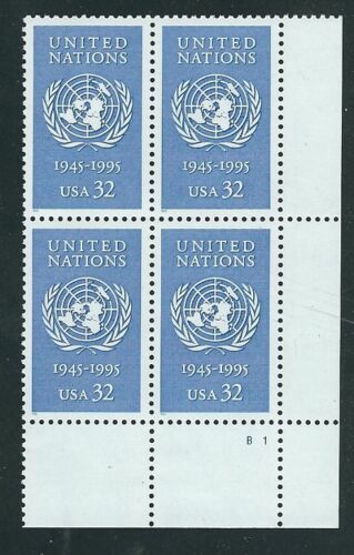 1995 U.N. United Nations, 50th Anniv. Plate Block of 4 32c Postage Stamps - MNH, OG - Scott 2974