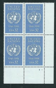 1995 U.N. United Nations, 50th Anniv. Plate Block of 4 32c Postage Stamps - MNH, OG - Sc# 2974