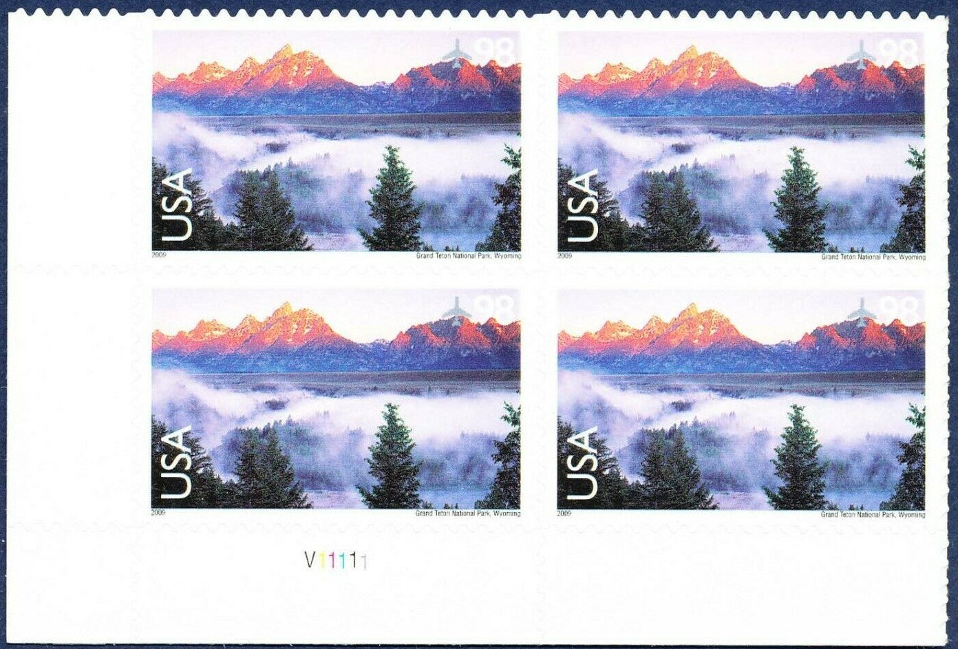 2009 Grand Teton Plate Block of 4 Postage Stamps - MNH, OG - Scott C147