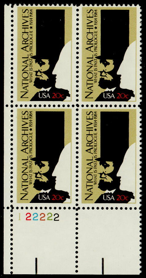1984 National Archives Plate Block of 4 20c Postage Stamps - MNH, OG - Sc# 2081