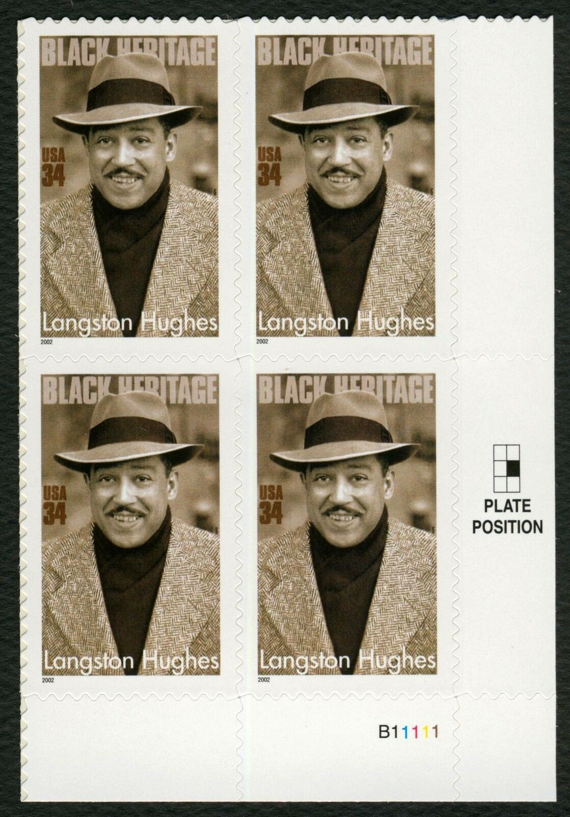 2002 Langston Hughes Plate Block Of 4 34c Postage Stamps - Scott 3557 - DM171