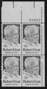 1974 - Robert Frost Plate Block Of 4 10c Stamps - Scott# 1526 - MNH, OG - CX482