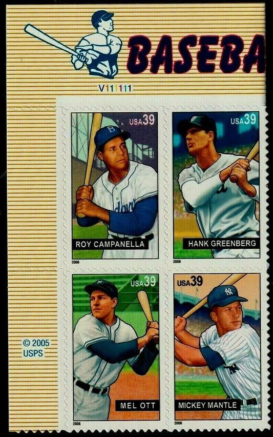 2006 Baseball Sluggers Plate Block of 4 39c Postage Stamps - MNH, OG - Scott 4083