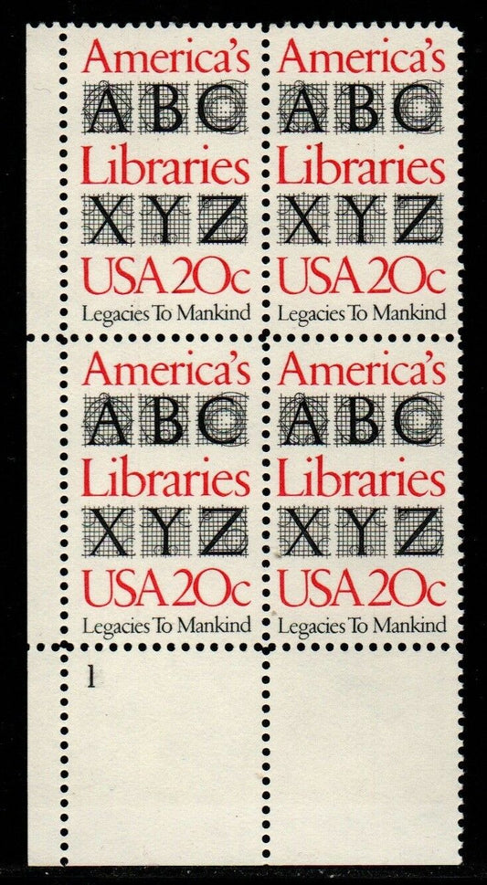 1982 America's Libraries Plate Block of 4 20c Postage Stamps - MNH, OG - Scott 2015