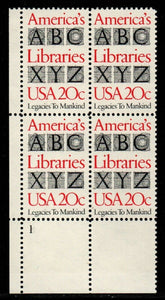 1982 America's Libraries Plate Block of 4 20c Postage Stamps - MNH, OG - Sc# 2015