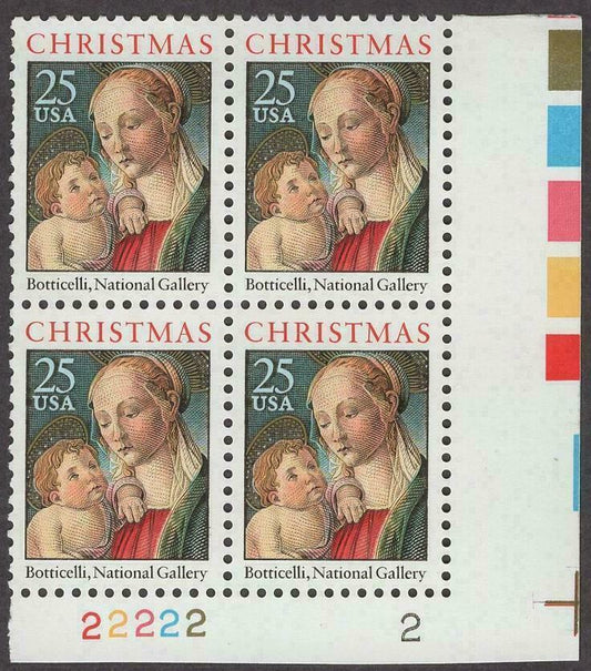 1988 Christmas Madonna Painting By Botticelli Plate Block Of 4 25c Postage Stamps Scott 2399 - MNH, OG - CW491a