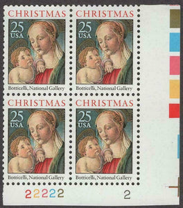 1988 Christmas Madonna Painting By Botticelli Plate Block Of 4 25c Postage Stamps - Sc 2399 - MNH, OG - CW491a