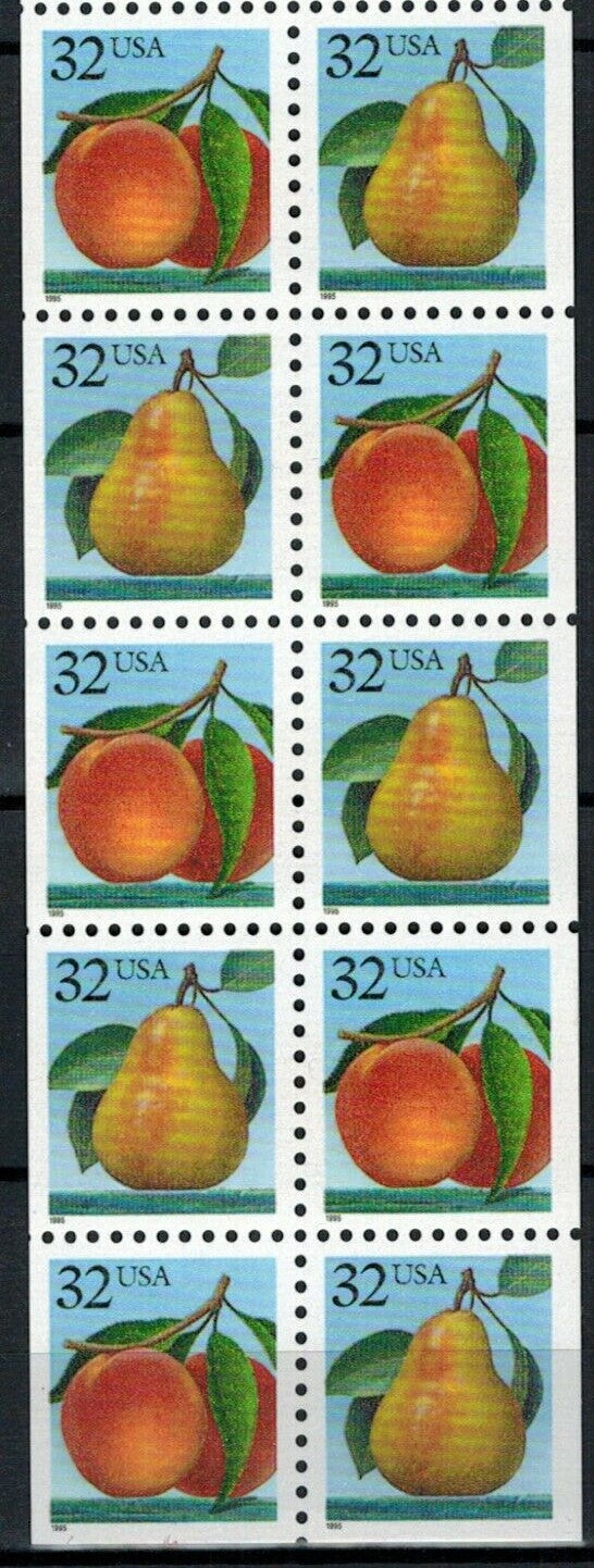 1991-1995 Peaches & Pears Booklet Pane Of 10 32c Postage Stamps - Scott 2487-2488 - MNH, OG - CX77