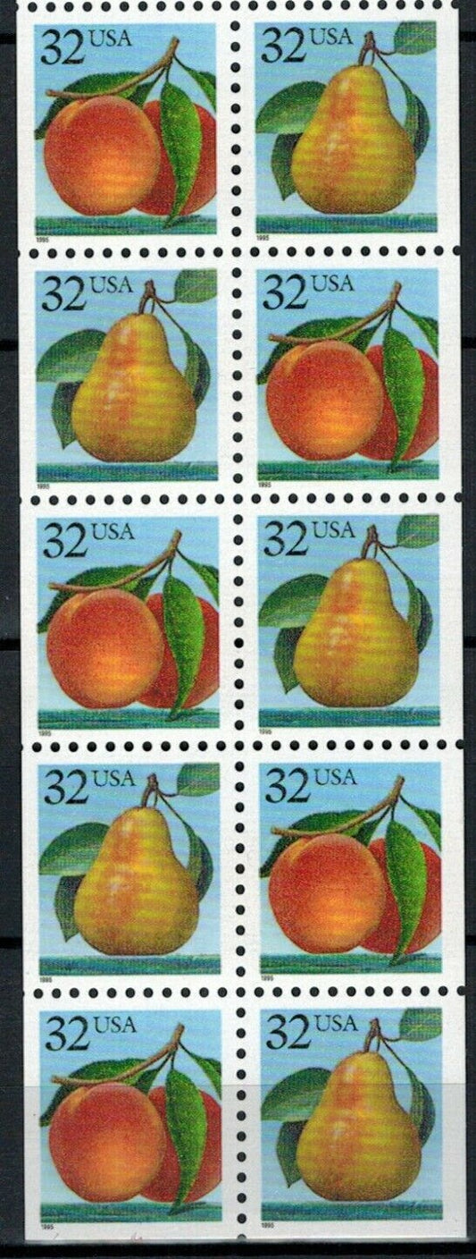 1991-1995 Peaches & Pears Booklet Pane Of 10 32c Postage Stamps - Scott 2487-2488 - MNH, OG - CX77