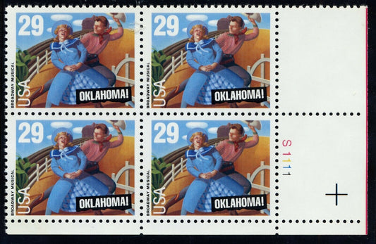 1993 Oklahoma Musical Plate Block of 4 29c Postage Stamps - MNH, OG - Scott 2722