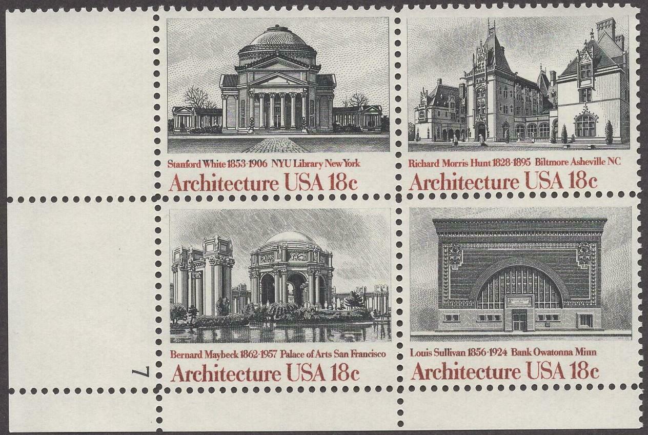 1981 Architecture Plate Block Of 4 18c Postage Stamps - Scott 1928-1931 - MNH, OG - CW12a