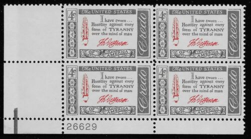 1960 Thomas Jefferson Credo Plate Block of 4 4c Postage Stamps - Scott 1141 - MNH, OG - CX682