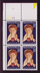 1990 Marianne Moore, Poet Plate Block Of 4 25c Postage Stamps - Sc 2449 - MNH - CW454a