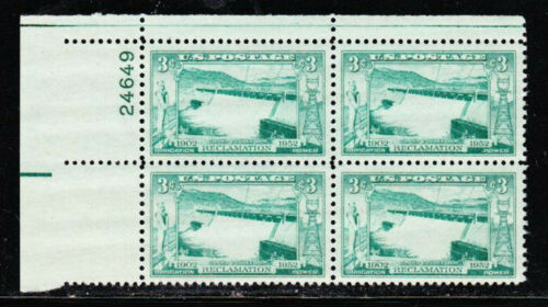 1952 Grand Coulee Dam Reclamation Plate Block of 4 3c Postage Stamps - MNH, OG - Sc# 1009