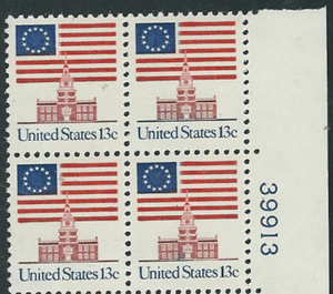 1975 Flag Over Independence Hall Plate Block of 4 13c Postage Stamps - MNH, OG - Sc# 1622