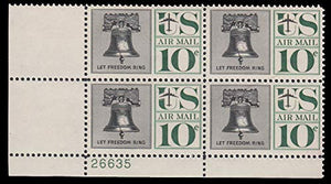 USA 1960 Liberty Bell Plate Block of 4 10c Airmail Postage Stamps - Sc# C57 - MNH,OG