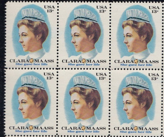 1976 Clara Maass Block Of 6 13c Postage Stamps - Scott 1699 - MNH, OG - CT43b