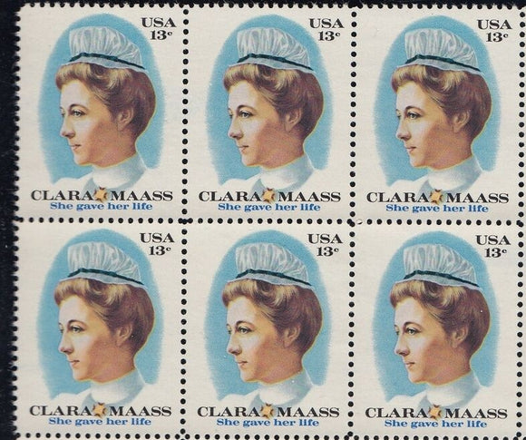 1976 Clara Maass Block Of 6 13c Postage Stamps - Sc# 1699 - MNH, OG - CT43b