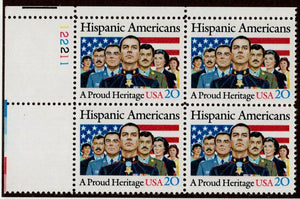 1984 Hispanic Americans Plate Block of 4 20c Postage Stamps - MNH, OG - Sc# 2103