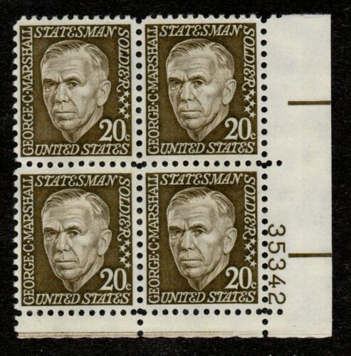 1967 George C Marshall Plate Block of 4 20c Postage Stamps - MNH, OG - Scott 1289