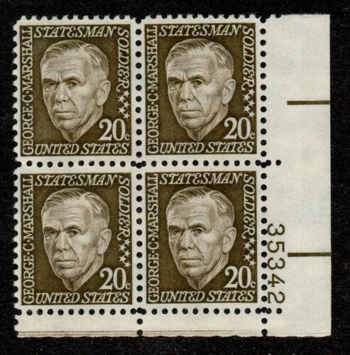 1967 George C Marshall Plate Block of 4 20c Postage Stamps - MNH, OG - Sc# 1289