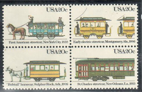 1983 USA Streetcars Block Of 4 20c Postage Stamps - Sc 2059-2062 - CW212