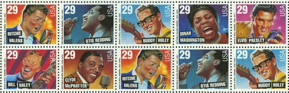 1993 Rock & Roll Block Of 10 29c Postage Stamps - Sc# 2724-2730 - MNH, OG - CW281a