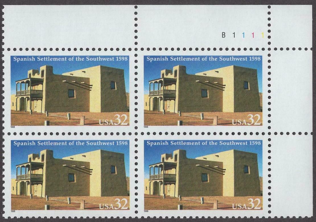 1998 Spanish Settlement Plate Block of 4 32c Postage Stamps - MNH, OG - Scott 3220