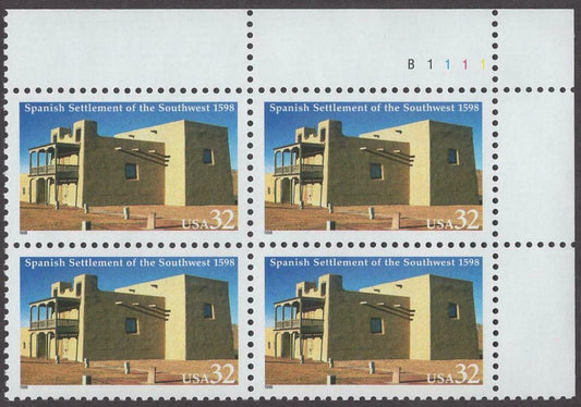 1998 Spanish Settlement Plate Block of 4 32c Postage Stamps - MNH, OG - Scott 3220