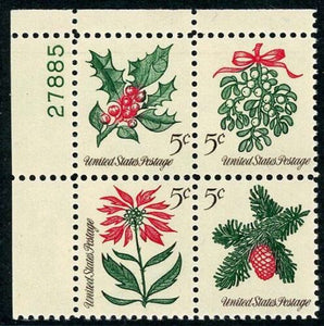 1964 Christmas Holly Stamp Plate Block of 4 5c Postage Stamps - MNH, OG - Sc# 1254-1257- CX417