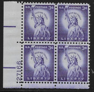 1954-68 - Statue Of Liberty Plate Block of 4 3c Postage Stamps - Scott# 1035 - MNH, OG - CX512