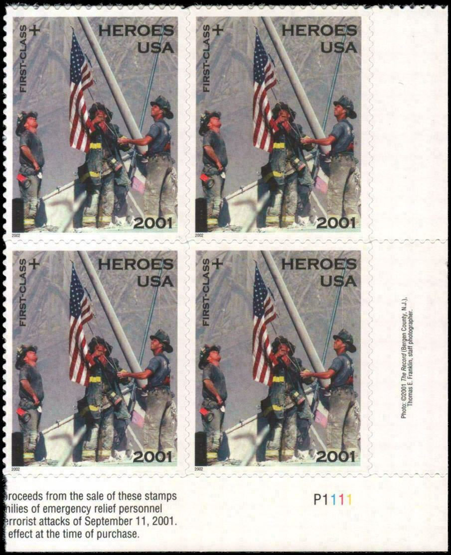 2002 America Responds 911 Heros Plate Block Of 4 34c Postage Stamps - Scott B2 - MNH, OG - CX75