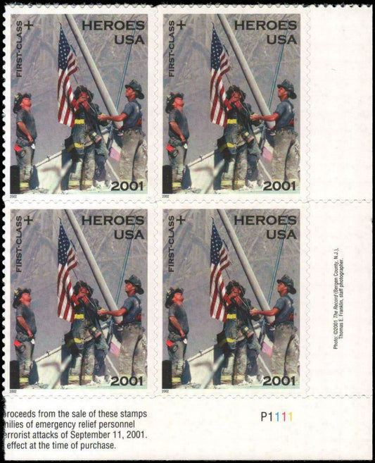 2002 America Responds 911 Heros Plate Block Of 4 34c Postage Stamps - Scott B2 - MNH, OG - CX75