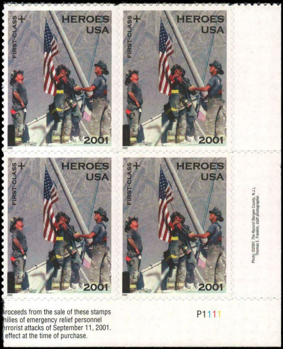 2002 America Responds 911 Heros Plate Block Of 4 34c Postage Stamps - Sc# B2 - MNH, OG - CX75