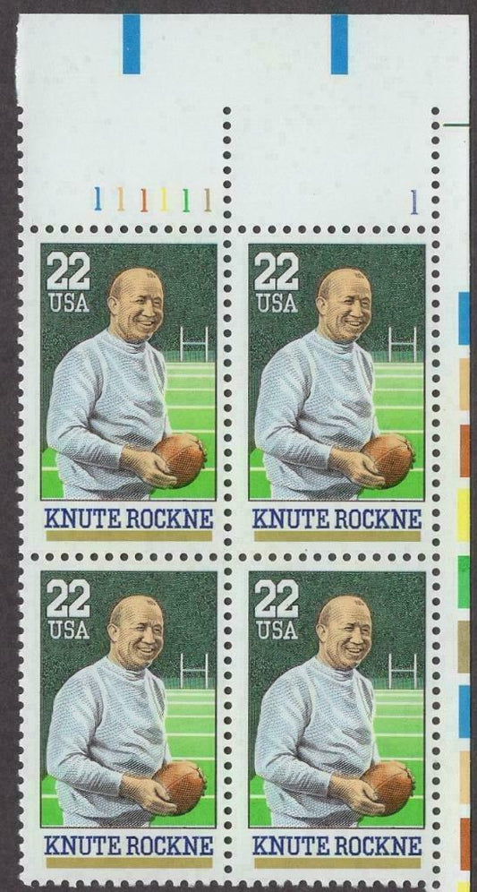 1988 Knute Rockne Plate Block of 4 22c Postage Stamps - MNH, OG - Scott 2376