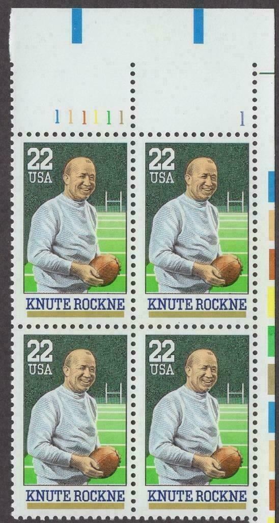 1988 Knute Rockne Plate Block of 4 22c Postage Stamps - MNH, OG - Sc# 2376