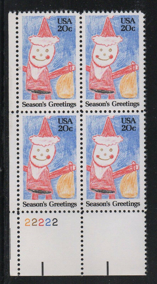1984 Christmas Santa Claus Plate Block of 4 20c Postage Stamps Scott 2108 - MNH, OG - CX887