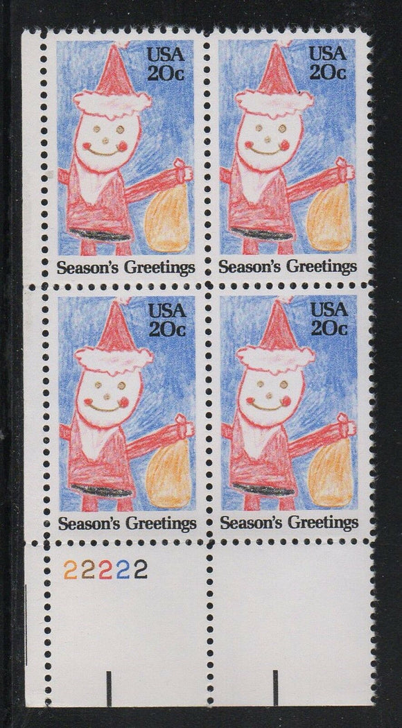 1984 Christmas Santa Claus Plate Block of 4 20c Postage Stamps - Sc 2108 - MNH, OG - CX887