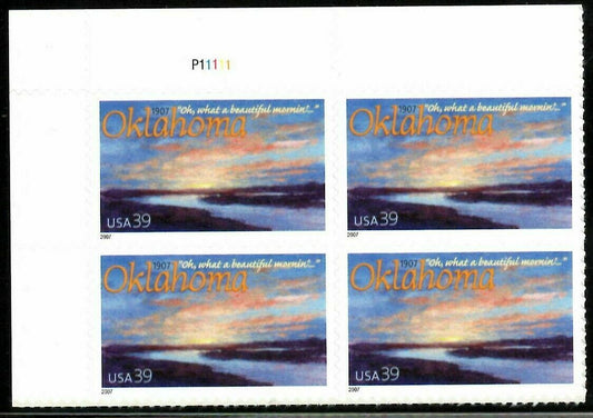 2007 Oklahoma Statehood Plate Block of 4 39c Postage Stamps - MNH, OG - Scott 4121
