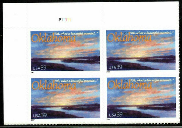 2007 Oklahoma Statehood Plate Block of 4 39c Postage Stamps - MNH, OG - Sc# 4121