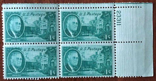 1945 Roosevelt Hyde Park Plate Block of 4 1c Postage Stamps - MNH, OG - Scott 930